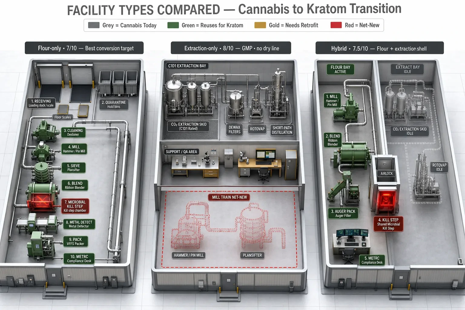 Isometric comparison of flour, extraction, and hybrid facility types