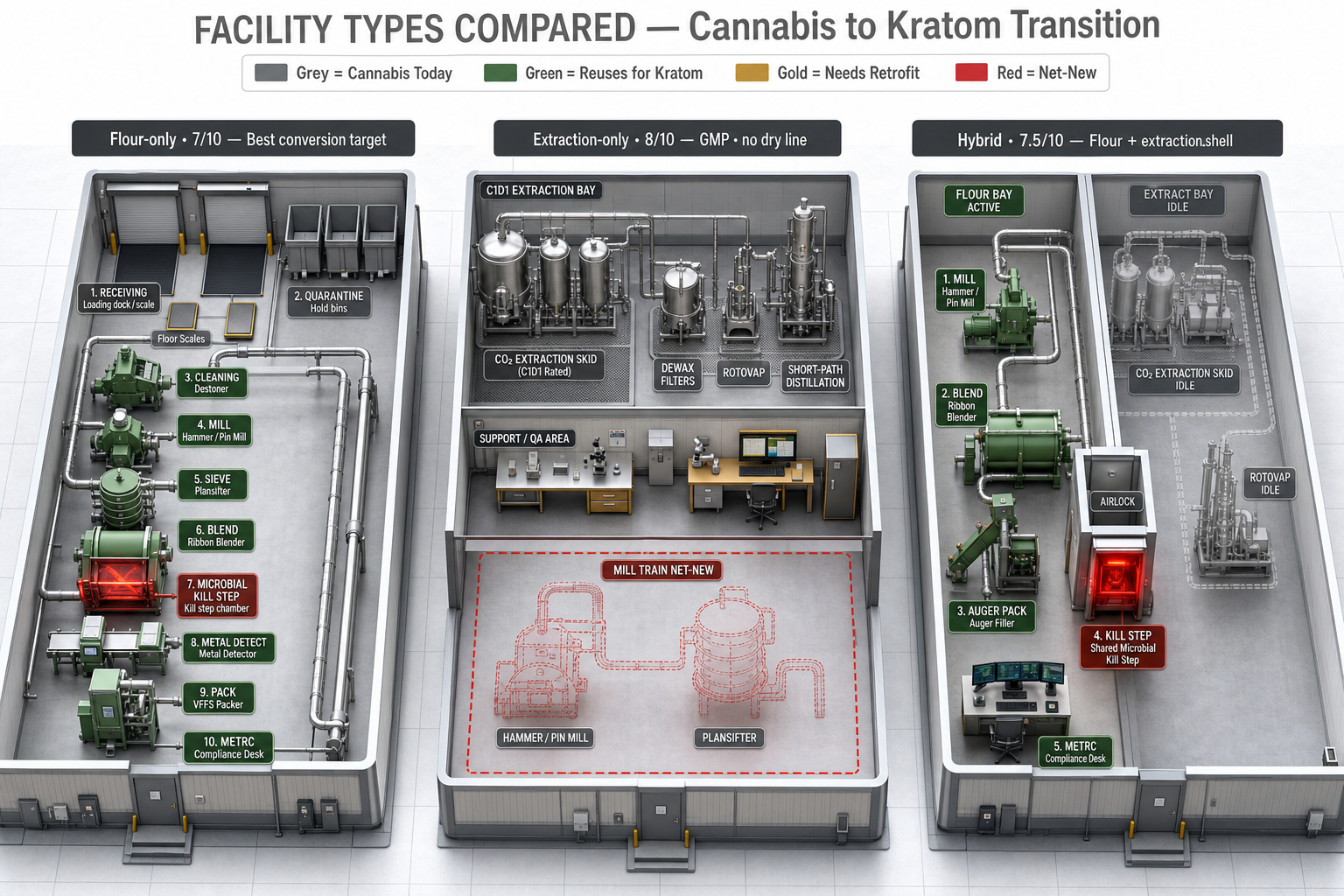 Isometric facility map comparing flour-only, extraction-only, and hybrid lab layouts